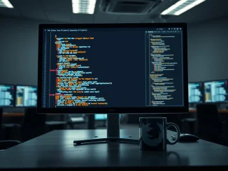 Security analyst workstation with code vulnerability scan results on a monitor
