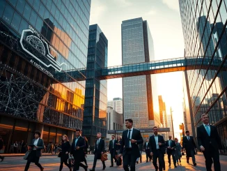 Two modern office buildings representing Anthropic and OpenAI in a financial district at sunset, with professionals walking in foreground.