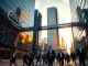 Two modern office buildings representing Anthropic and OpenAI in a financial district at sunset, with professionals walking in foreground.