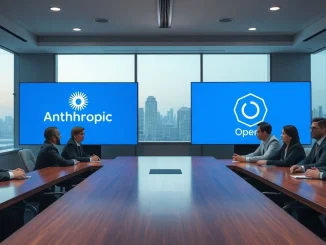 Business professionals in a boardroom with Anthropic and OpenAI logos on screens