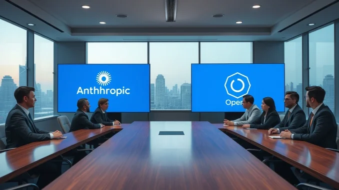 Business professionals in a boardroom with Anthropic and OpenAI logos on screens