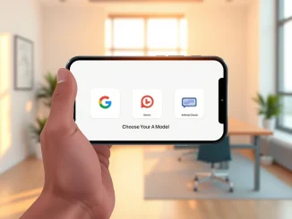 iPhone 27 screen displays a selection interface for third-party AI models including Google and Anthropic, representing Apple's new iOS 27 AI strategy.