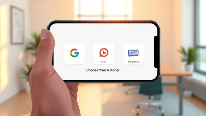 iPhone 27 screen displays a selection interface for third-party AI models including Google and Anthropic, representing Apple's new iOS 27 AI strategy.