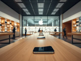 iPhone 16 displayed in an Apple Store, representing the device at the center of a class-action lawsuit over delayed AI features.