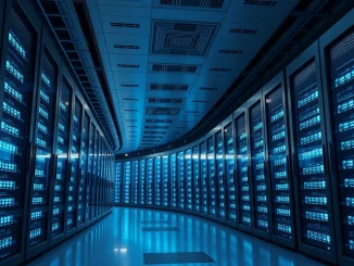 Futuristic data center with blue-lit servers representing AI and blockchain technology for FET price analysis
