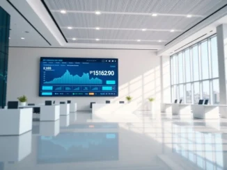 Modern bank lobby with digital display showing AI and stablecoin payment data