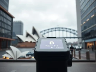 Futuristic payment terminal in Sydney with tokenized transaction display and Opera House in background