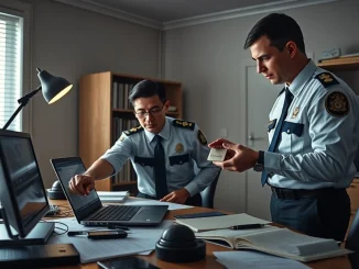 Australian police officers examining a laptop and cryptocurrency wallet during a darknet marketplace investigation in Sydney.