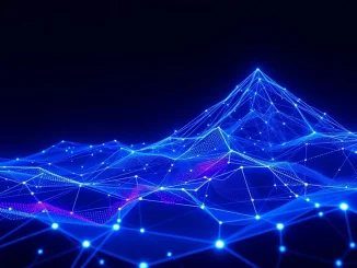 Digital visualization of Avalanche blockchain network with glowing nodes and data streams.