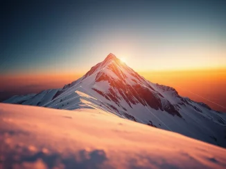 Snow-covered mountain peak with glowing digital blockchain nodes at sunrise, representing Avalanche network growth and price potential.