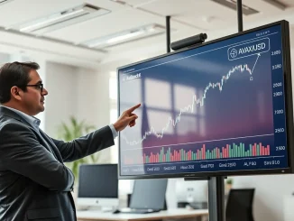 Financial analyst reviewing AVAX price chart on large digital display in modern office