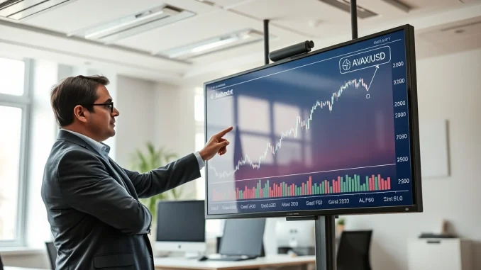 Financial analyst reviewing AVAX price chart on large digital display in modern office