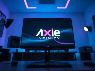 Axie Infinity gaming token market analysis on a computer monitor in a professional studio setting
