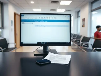 Medical office reception desk with a computer showing a digital referral processing interface and a smartphone next to a paper document.