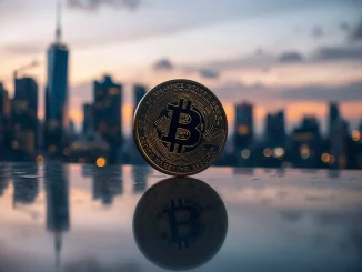 Binance Coin (BNB) cryptocurrency coin on reflective surface with city skyline background