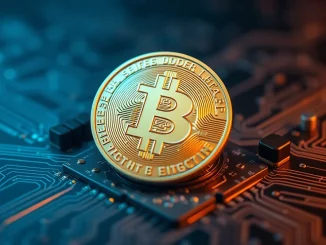 Binance Coin (BNB) token resting on a dark circuit board with blockchain network lines in background.
