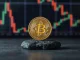 Bitcoin coin resting on stone surface with blurred financial chart background, representing key support level analysis.