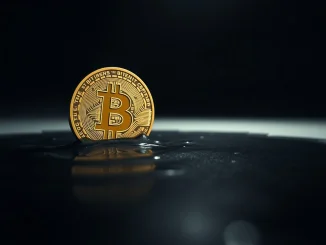 Bitcoin coin partially submerged in oil with dramatic lighting representing market turmoil