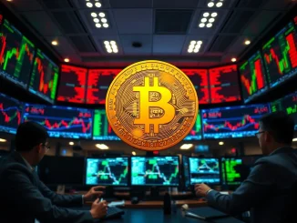 Bitcoin coin on a trading desk with multiple monitors showing market data and liquidation charts