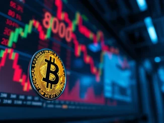 Bitcoin coin in foreground with blurred digital trading chart showing $80,000 level in background