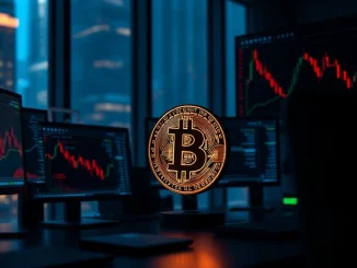 Bitcoin coin on a trading desk with multiple monitors showing crypto price charts and market data.