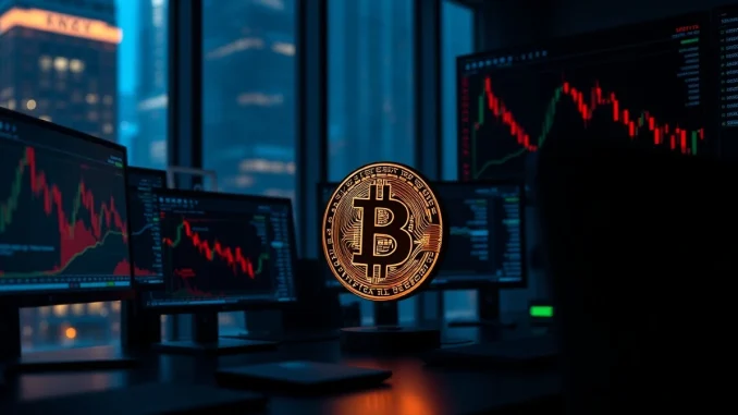 Bitcoin coin on a trading desk with multiple monitors showing crypto price charts and market data.
