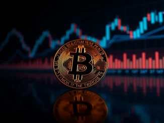 Bitcoin coin with digital chart patterns in background representing cryptocurrency market analysis