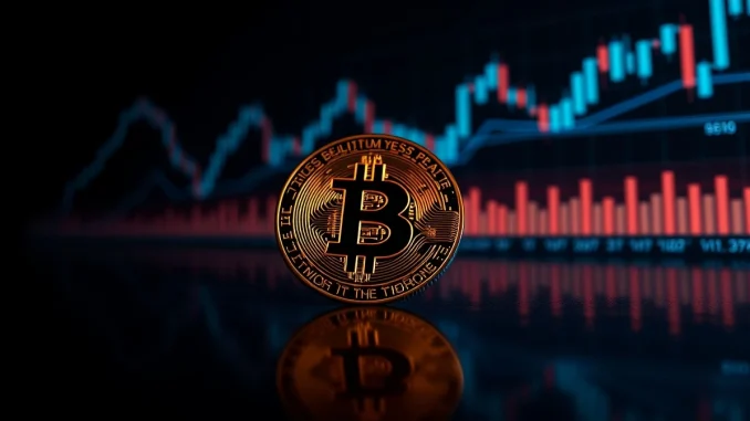 Bitcoin coin with digital chart patterns in background representing cryptocurrency market analysis