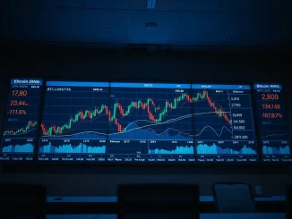 Cryptocurrency price charts displayed on multiple screens in a professional trading environment