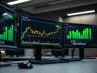 Bitcoin price chart showing dip below $80,000 with ETF inflow data on trading monitors