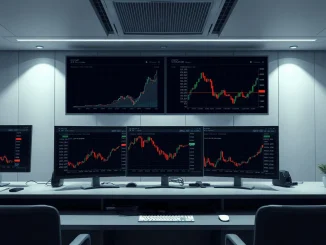 Bitcoin price chart and S&P 500 index on trading monitors showing monthly gains
