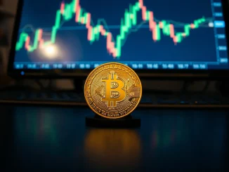 Bitcoin coin on a chart with Bollinger Bands indicating a potential breakout