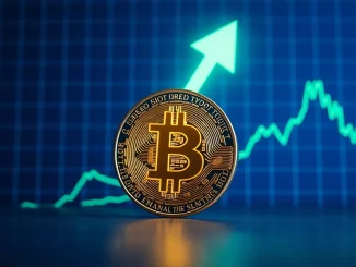 Bitcoin coin with green chart and upward arrow indicating bullish market momentum