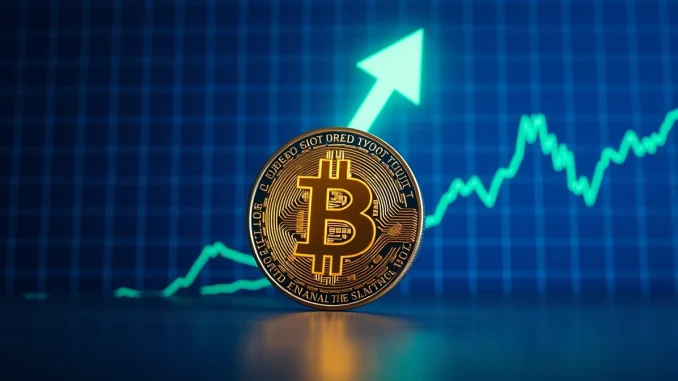 Bitcoin coin with green chart and upward arrow indicating bullish market momentum