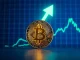 Bitcoin coin with green chart and upward arrow indicating bullish market momentum
