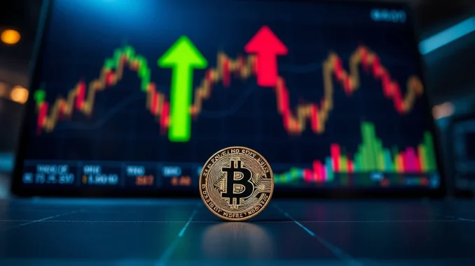 Bitcoin coin on a trading screen with bullish and bearish indicators, representing market volatility and analysis.