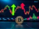 Bitcoin coin on a trading screen with bullish and bearish indicators, representing market volatility and analysis.