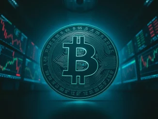 Bitcoin coin on a dark trading floor with monitors showing bearish charts.
