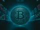 Bitcoin coin on a dark trading floor with monitors showing bearish charts.