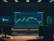 Bitcoin price chart on a trading monitor with a downward trend, indicating market volatility