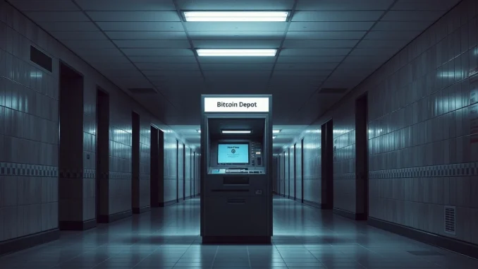 Bitcoin Depot crypto ATM in an empty hallway showing an out of service screen