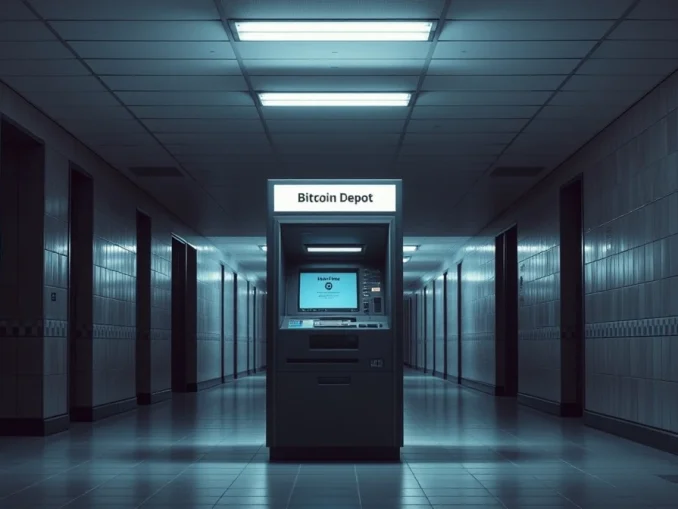 Bitcoin Depot crypto ATM in an empty hallway showing an out of service screen