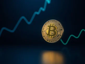 Bitcoin coin with upward market trend lines on a dark background