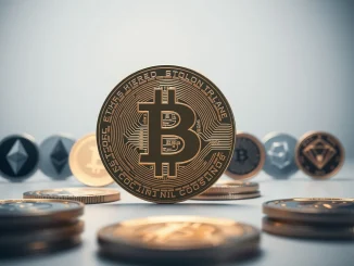 Bitcoin coin prominently in foreground with smaller altcoin logos fading into background, representing market dominance.