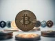 Bitcoin coin prominently in foreground with smaller altcoin logos fading into background, representing market dominance.