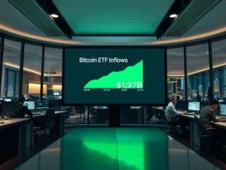 Financial news screen showing Bitcoin ETF inflows chart with upward trend