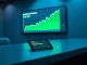Newsroom desk with digital screen showing Bitcoin ETF inflow chart and tablet with USDT freeze notification.