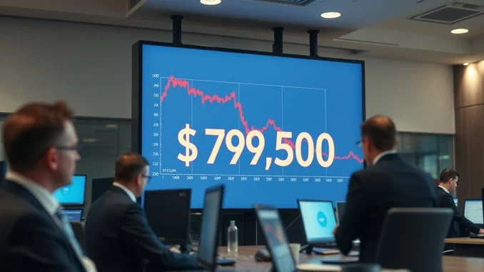 Trading floor display showing Bitcoin price drop below $80,000 with red chart trend