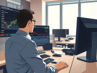 Financial analyst monitoring Bitcoin ETF price charts and market data on a trading desk.