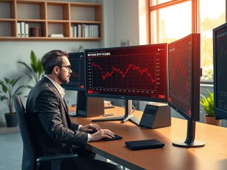Financial analyst monitoring Spot Bitcoin ETF outflow data on trading desk monitors during market uncertainty.